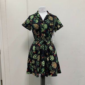 Eva Rose Black Succulent T-Shirt Front-Tie Fit & Flare Dress with Pockets